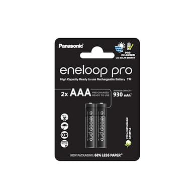 eneloop Pro, Pilas Recargables AAA/Micro, Paquete de 2, Capacidad de mín. 930 mAh, Pilas Ni-MH, Listas para Usar, Recargables hasta 500 Veces, Embalaje sin plástico, Pro, Negras
