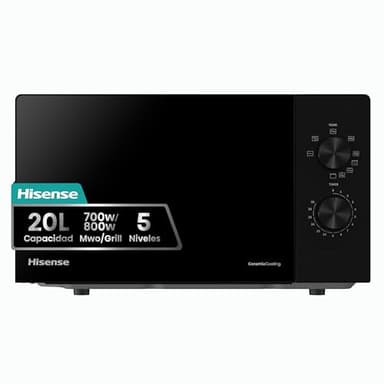 Hisense H20MOBP1G - Microondas con Grill 20 L, 700 W de Potencia, 800W Grill, Revestimiento Cerámico, Cristal Premium, 5 Niveles, Fácil Limpieza, Temporizador cocción, Negro