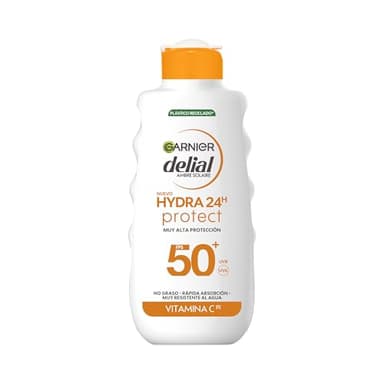 Garnier Delial Hydra 24h Protect Leche Protectora Antimanchas con [Vitamina C]. Muy Alta Protección FPS 50+. No graso. Absorción rápida y muy resistente al agua. 175 ml