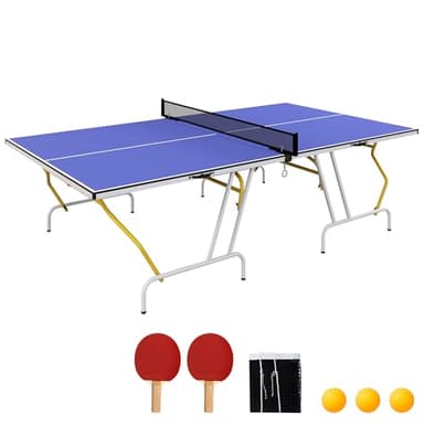 SPORTNOW Mesa de Ping-Pong Plegable Mesa de Tenis de Mesa Diseño Compacto con Red Reposapiés Ajustables y Marco de Acero para Interior y Exterior 274x152,5x76 cm Azul