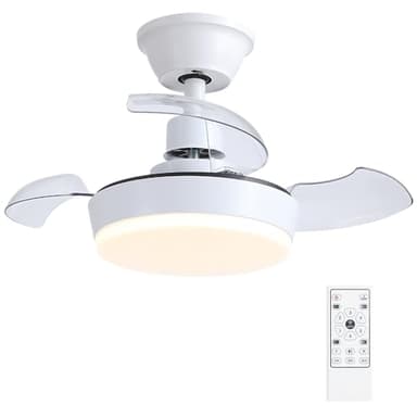 Ventilador de techo con luz y mando a distancia, ventilador de techo moderno de 60 cm con 3 aspas retráctiles, 6 velocidades de viento, luz de ventilador de techo retráctil para dormitorios, blanco