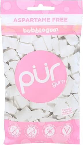 PUR Gum | Chicle Sin Azúcar | 100% Xilitol | Vegano, Sin Aspartamo, Sin Gluten y Apto Para Diabéticos | Chicle Natural Con Sabor a Bubblegum, 55 Piezas (Paquete de 1)