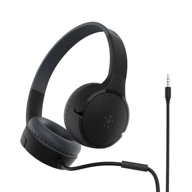 Belkin Auriculares supraaurales SoundForm Mini para niños, Cascos externos con micrófono, enseñanza Virtual, Colegio, Viajar, Jugar, para Dispositivos compatibles con Puerto de 3,5 mm, Negro