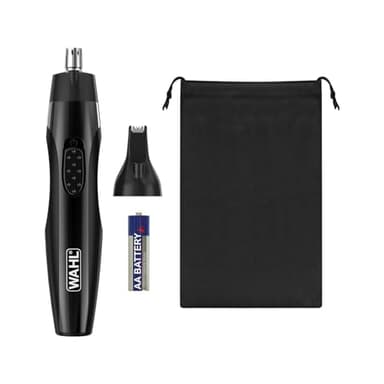 WAHL 2 in 1 Detail Trimmer, cortapelos para orejas, nariz y vello facial, funciona con pilas, cabezales lavables, mango ergonómico, estuche de viaje incluido, cabezales lavables de larga duración.