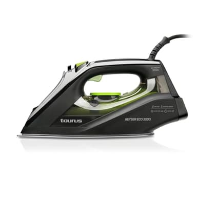 Taurus Plancha de Vapor de 3000 W de potencia, golpe de vapor de 200 g/min, con punta de precisión, posición ECO, suela anodizada, deslizante, sistema anti cal, spray de agua, Color Negro
