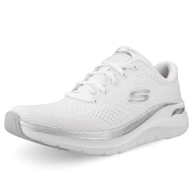 Skechers Arch Fit 2.0 Glow The Distance- Tenis para Mujer, Malla Blanca y Ribete Plateado, 37 EU
