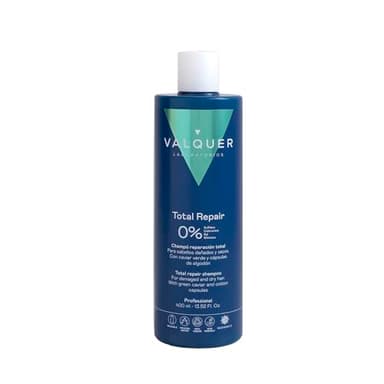 Valquer Champú Total Repair Zero. Repara, Suaviza e Hidrata el Cabello Dañado y Seco. Hidratación Intensa y Nutritiva. Con Caviar Verde, Panthenol, Vitamina E y Cápsulas de Algodón. Vegano. 400 ml