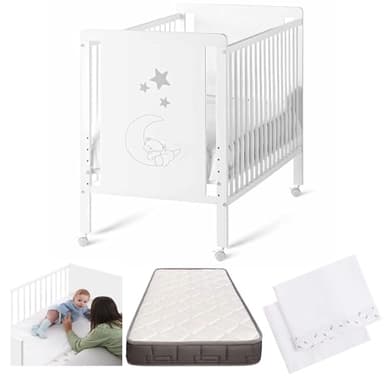 Cuna Colecho de Bebé Indi Estilo Nórdico Infantil 120x60 cm, con Kit Colecho, Colchón Morfeo, 4 Ruedas y Sábanas de Algodón CoolDreams