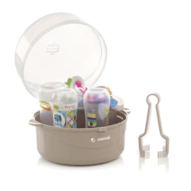 Jané Esterilizador para Microondas, con Cesta para Tetinas y Pequeños Accesorios, Capacidad 6 Biberones, Gris, 17 x 19 x 19 cm