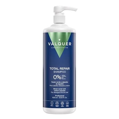Valquer Champú Total Repair Zero. Repara, Suaviza e Hidrata el Cabello Dañado y Seco. Hidratación Intensa y Nutritiva. Con Caviar Verde, Panthenol, Vitamina E y Cápsulas de Algodón. Vegano. 1 L.