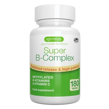 Vitamina B Complex - Complejo B Metilado,180 Comprimidos, Vitaminas B1, B2, B3, B5, B6, B7, B12 Metilcobalamina, Metilfolato y Vitamina C, Alta Absorción y Liberación Prolongada, Vegano - Igennus