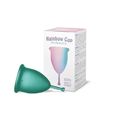 Rainbow Cup, copa menstrual fabricada en Italia con silicona de grado médico, sin látex ni aditivos, cómoda, ecológica, segura, tónica, color esmeralda, talla 2