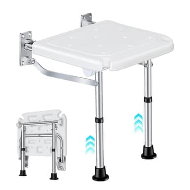 Silla de Ducha Plegable, Asiento de Ducha para Montaje en Pared, hasta 180 KG, Asiento de Baño Regulable en Altura, Asiento con Pies de Ventosa, para Personas Mayores, Embarazadas, Discapacitados