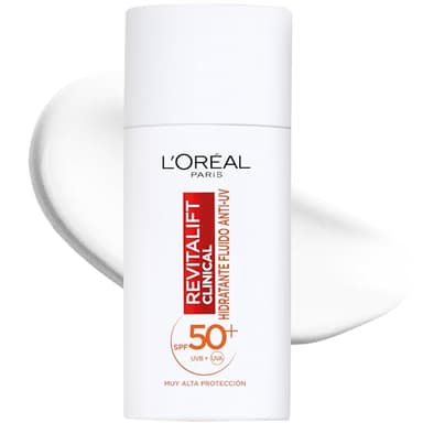 L'Oreal Paris Revitalift Clinical Fluido Hidratante Anti-UV SPF50+ Diario con Vitamina C. Protege tu Piel de los rayos solares. Previene Líneas de Expresión y Manchas oscuras. Acabado invisible, 50ml.