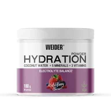 Weider Hydration Powder (180g) Sabor frutas del bosque, Polvo para Bebida Instantánea con Agua de Coco, 5 Minerales, 3 Vitaminas y Taurina, para el Equilibrio Electrólito, Vegano, Sin Azúcar Añadido