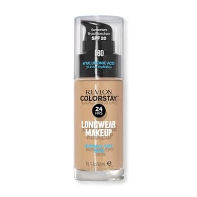 REVLON – ColorStay Makeup, Base de Maquillaje SPF 20 con Ácido Hialurónico, Sin Aceites, 24 h de Duración, Acabado Natural, Resistente al Agua, para Piel Normal y Seca, Tono 180, Sand Beige – 30 ml