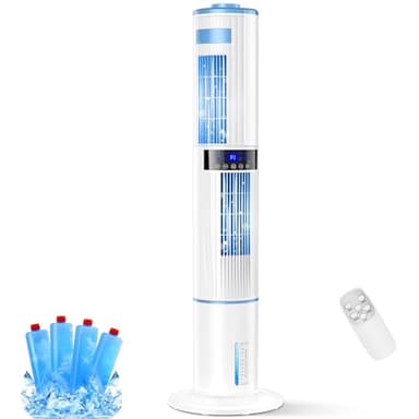 Aire Acondicionado Portatil Lofrritp, 360° y 60° Doble Rotación Automática, Enfriador de Aire 65W 3 Modos 3 Velocidades Climatizador Evaporativo, Temporizadores 1-24H, Control Remoto, 4 Bolsa de Hielo