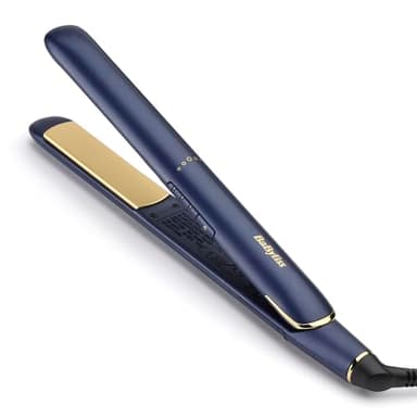 BaByliss Plancha de Pelo Midnight Luxe - Placas flotantes de cerámica con titanio, Deslizamiento suave, Calentamiento rápido en 30 s, 3 ajustes de calor hasta 235°C, Multivoltaje, Azul, 2516PE