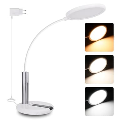Aigostar Flexo Escritorio, Lampara Escritorio LED, Ajuste Flexible de 360°, 3 Brillo y Temperatura de Color, Cable de 130 cm con Enchufe, Función de Memoria, Blanco
