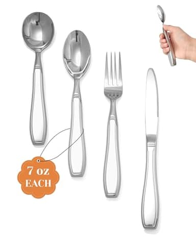 CuraVita - Juego de 4 Cubiertos con Peso para Temblores y Parkinson (7 oz Cada Uno) - Cubiertos Pesados para Temblores en las Manos, Utensilios Adaptativos para Personas Mayores