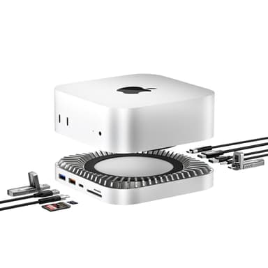 Base Mac Mini M4, Soporte de Aluminio y concentrador HDMI para Mac Mini M4 y M4 Pro 2024 con Carcasa SSD M.2 NVMe/SATA, HDMI 4K60Hz, 10G USB A/C, 5G USB A*2, Carga USB-C, SD/TF, Audio