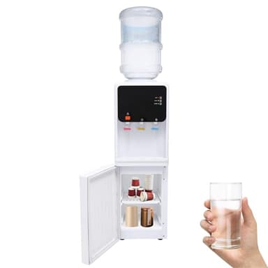 Dispensador de agua de pie, dispensador de agua de carga superior con indicadores LED y armario de almacenamiento, dispensador de agua fría y caliente, 10-95 ℃, doble función, para oficina, dormitorio