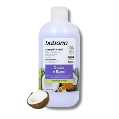 Babaria - Champú Rizos Y Ondas Control | Coconut Rizos Con Leche De Coco Y Pistachos | Shampoo Natural 500ml | Champu Sin Sulfatos Ni Parabenos