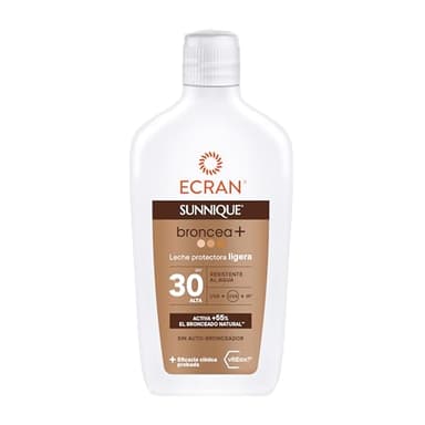 Ecran Sunnique Leche Protectora Solar Bronceadora+ FPS 30, Alta Protección UVB + UVA e IR-A, Activa el Bronceado Natural, Sin Autobronceador, con Tecnología PureBronze, Resistente al Agua - 370 ml