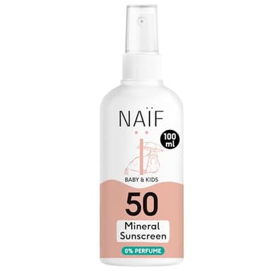 Naïf - Spray protector solar mineral - Bebé y niño - 0% perfume - FPS 50 - Spray sin octocrileno - Protección UVA y UVB - Resistente al agua - Dermatológicamente probado - Sin microplásticos - 100 ml