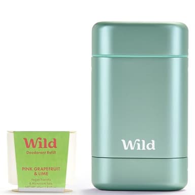 Wild Kit de Inicio de Desodorante Natural Recargable con Estuche Aqua y Recarga Perfumada de Pink Grapefruit & Lime (40g) - Sin Aluminio - Protección Duradera - Vegano