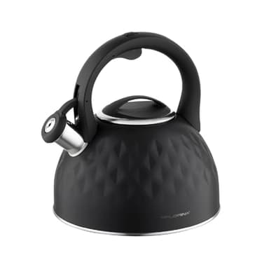 FLORINA Hervidor (2,5 l) | Hervidor de Té de Acero Inoxidable DIAMANTE | Hervidor de Flauta con Mango de Silicona | Hervidor para Estufa de Inducción, Estufa de Gas y Estufa Eléctrica | Color: Negro
