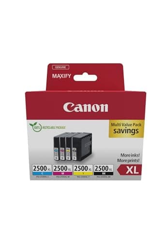 Canon PGI-2500XL, Cartuchos de Tinta Original, Multipack, 4 Cartuchos de Tinta Independientes, Color Negro, Magenta, Cian, Amarillo, Compatible con Impresoras de Inyección de Tinta MAXIFY