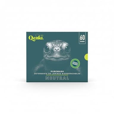 Detergente en láminas para lavadora sin perfume | Piel sensible | Qenki® PureWash | Biodegradable sin plástico | Hasta 60 lavados con dosificación flexible