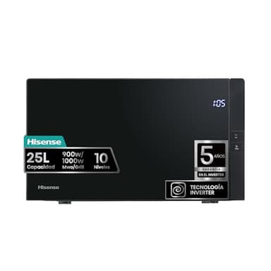 Hisense H25MOBS4HGI - Microondas Digital con Grill 25 Litros, 1000W, Inverter Expert, Descongelación Rápida, Calentamiento Uniforme, Silencioso, Revestimiento Cerámico, Cristal Premium, Modo ECO