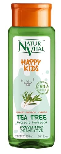NaturVital - Champú Happy Kids Tea Tree Infantil, para Niños y Niñas, con Extracto de Tea Tree de Cultivo Bio Certificado, Natural e Hipoalergénico, sin Parabenos, Colorantes ni Siliconas, 300ml