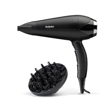 BaByliss Secador de Pelo Turbo Smooth - Secador potente de 2200W, Difusor grande, Tecnología iónica antiencrespamiento, 3 ajustes de temperatura 2 velocidades, Negro, D572DE