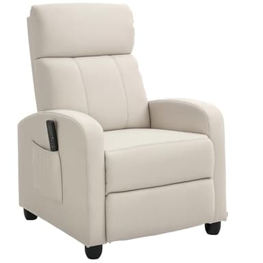 HOMCOM Sillón de Masaje Sillón Relax Reclinable con Mando a Distancia 2 Zonas de Masaje 8 Programas 5 Niveles de Intensidad 1 Bolsillo Lateral y Temporizador Tapizado en PU 68x88x98 cm Crema