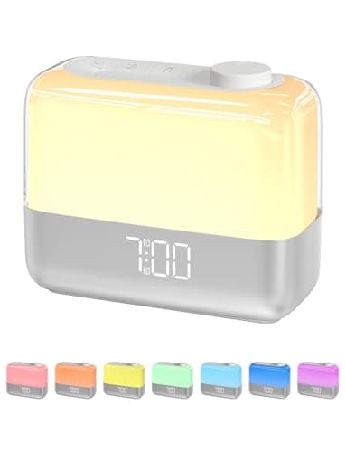 MeesMeek Reloj despertador digital para dormitorio: luz de despertar al amanecer, luz nocturna de 8 colores, alarmas fuertes dobles para dormir pesado, repetición de 9 minutos, 6 sonidos, 7 volúmenes