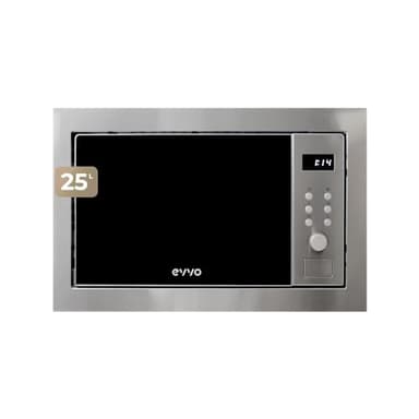 Microondas integrable EVVO Mi35 Inox, 25L de Capacidad, Grill 1000W, Puerta y Marcos Efecto Brillante, Multifunción, 8 Funciones, Temporizador 60 Minutos, Display Digital (Acabado Inox)