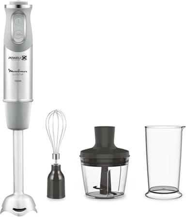 Moulinex QuickChef DD655D Batidora de Mano 1000 W, Regulador de 10 Velocidad Turbo, 3 Accesorios para Picar y Montar y Vaso Medidor, Cúpula Antisalpicaduras, Acero