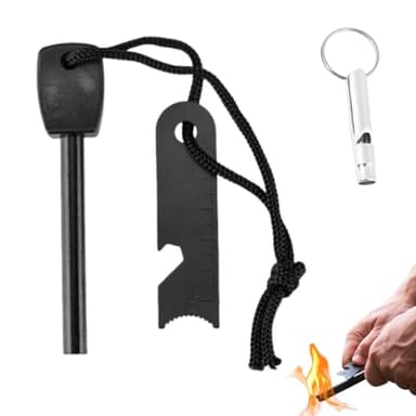 WUSJCOF 1 SET Kit de Supervivencia con Mango Hecho a Mano, Encendedor de Magnesio Resistente al Agua, Tubo de Soplado Telescópico, Silbato, Raspador Multifuncional con Escala (para Senderismo/Camping)