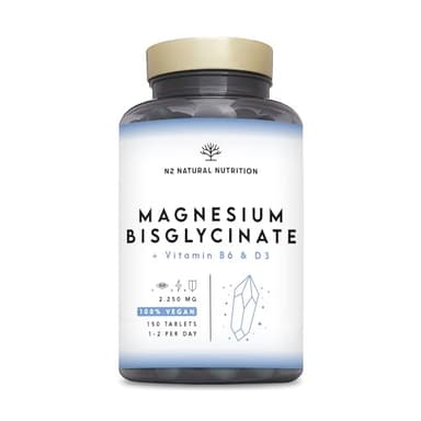 Magnesio Bisglicinato 2250 mg, 450mg de Magnesio Elemental + B6 + D3 Reduce el Cansancio y la Fatiga. 150 Comprimidos divisibles de Alta Absorción, hasta 5 Meses de Suministro. N2 Natural Nutrition.