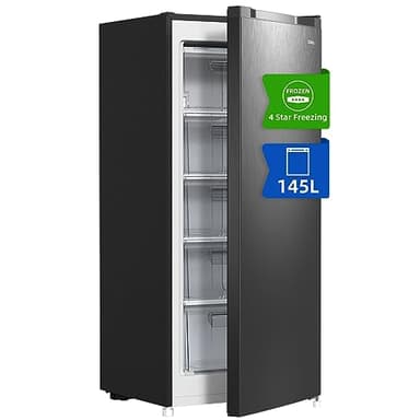 Congelador vertical independiente CHiQ, 145L de capacidad, congelación rápida, termostato ajustable, silencioso, puerta reversible, negro, clasificación energética E
