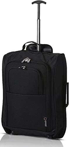 5 Cities 55cm Maleta de Cabina 42L con 2 Rueda, Equipaje De Mano - Accesorio De Viaje Carrito para Ryanair, Vueling, Iberia, Air Europa, Easyjet y Muchas Más, Garantía De 2 Años (Negro)
