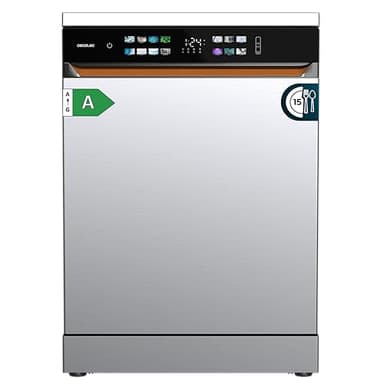 Cecotec Lavavajillas Independiente de 60 cm Bolero Aguazero 6900 Inox. 15 Cubiertos, 8 Programas, Clase A, Motor Inverter Plus, Pantalla FullColor XXL, Auto Open y Turbo Dry+, Dual Zone Wash, Inox