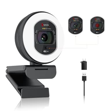 Angetube Cámara web 4K con luz para PC: UHD 4K, TOF enfoque automático, micrófono dual AI con cancelación de ruido, 1080p@60fps, webcam streaming USB w/cubierta de privacidad para portátiles y Mac