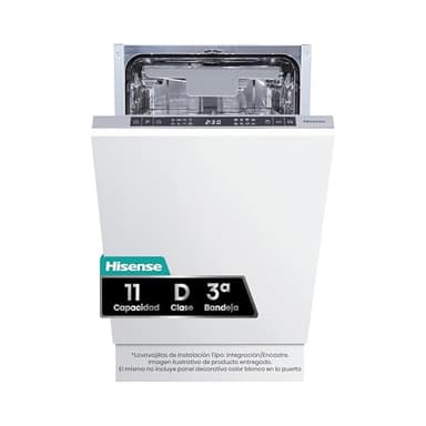Hisense HV543D10 - Lavavajillas 45Cm, Encastre, Clase D, CAPACIDAD 11, Tecnología Inverter, Apertura Automática de Puerta, 3er Bandeja, Lavado Rápido 30', Integrable