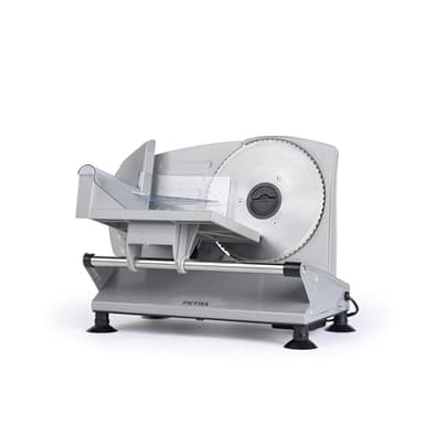 Petra PT4636VDE Rebanador de alimentos eléctrico - Cortador para carne, jamon, queso, grosor de corte ajustable 1-15mm, cuchillas lisas y de sierra, acero inoxidable, 3 x 170mm, patas antideslizantes