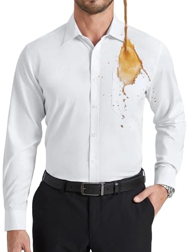 Enlision Camisa Blanca Hombre Manga Larga Antimanchas Elástica Sin Plancha Regular Fit Formal Camisas de Vestir Hombres Algodón con Bolsillo para Boda Negocios XL