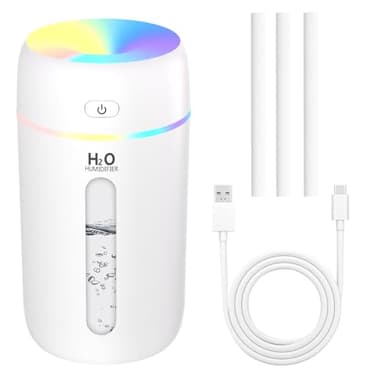 KARFUN Humidifier Pequeños, Humidificador Portátiles De Escritorio, Silenciosos, Mini Humidificador Coche Con Luz De 7 Colores, Apagado Automático, Oficina, Dormitorio, Coche, 250 Ml, Blanco